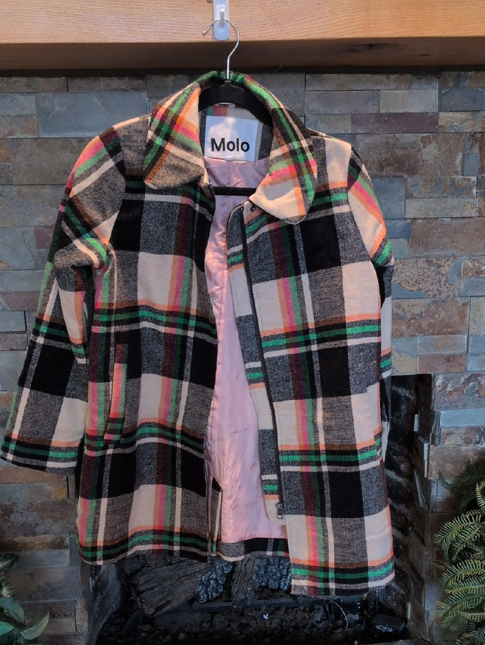 Molo Girls Plaid Coat in Black, Pink, Green